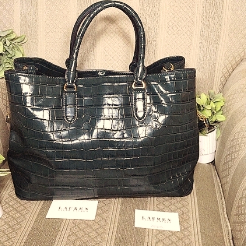 Lauren Ralph Lauren Black Croc-Embossed Patent Satchel with Crest - Picture 4 of 16